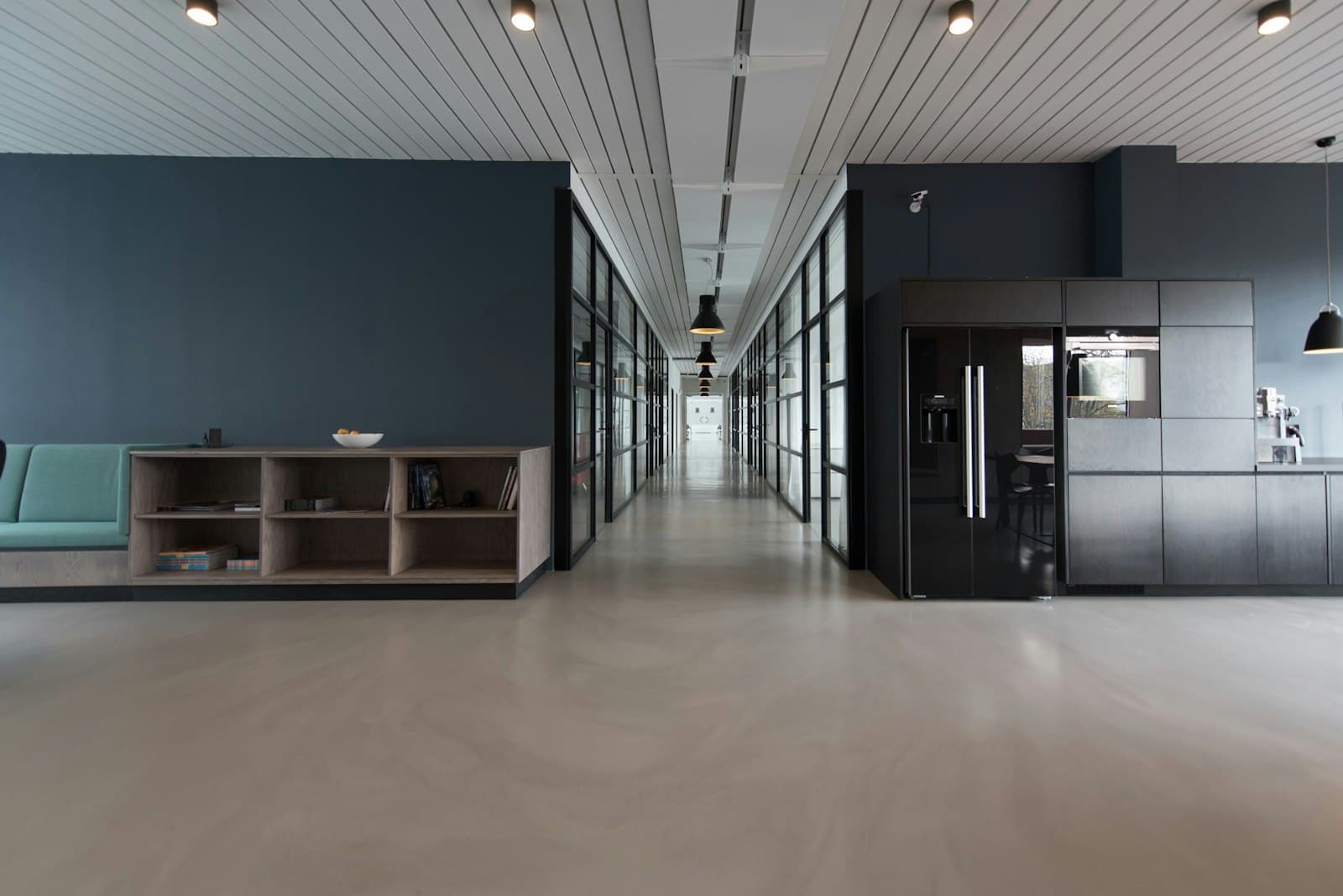 Open commercial interior with polished concrete
